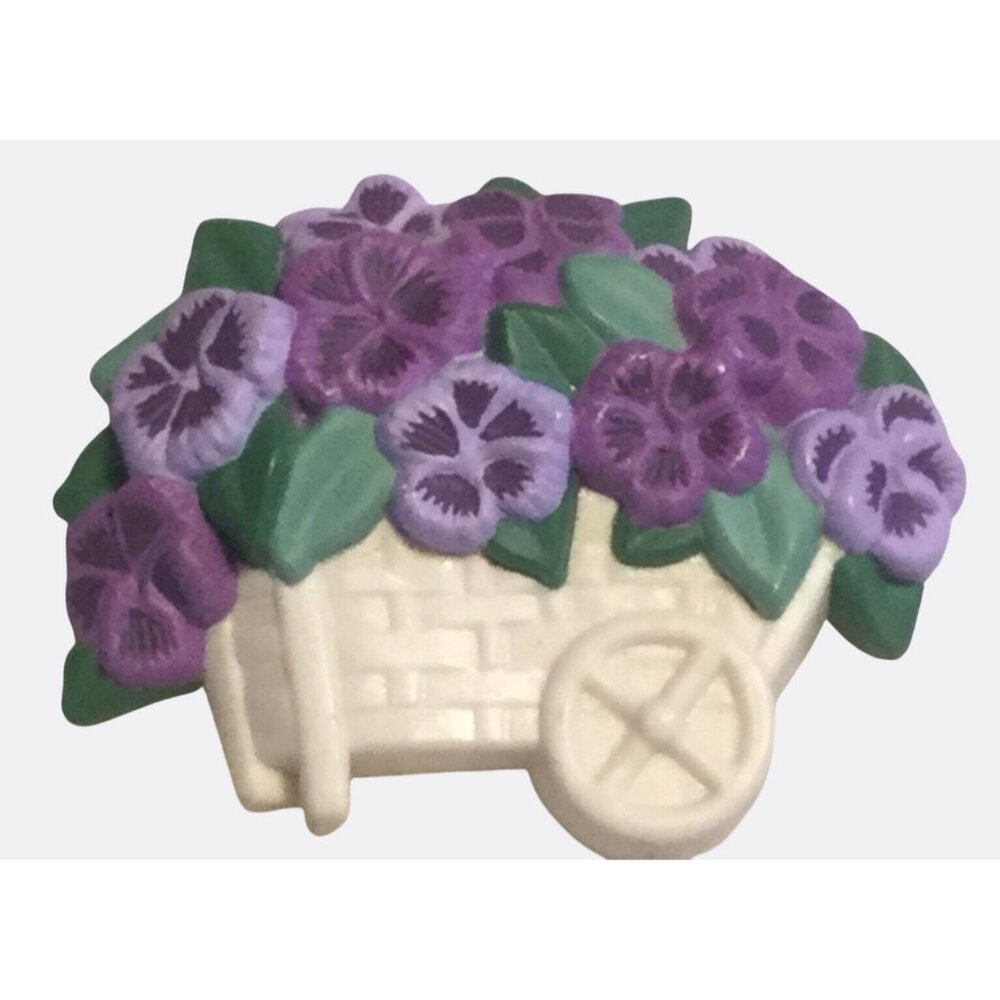 Purple Pansy Flower Cart Spring Vintage Hallmark Cards Plastic Brooch Pin - Picture 2 of 4